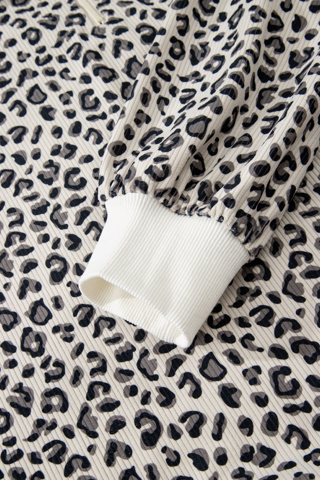 Beige Leopard Print Quarter Zip Corduroy Sweatshirt