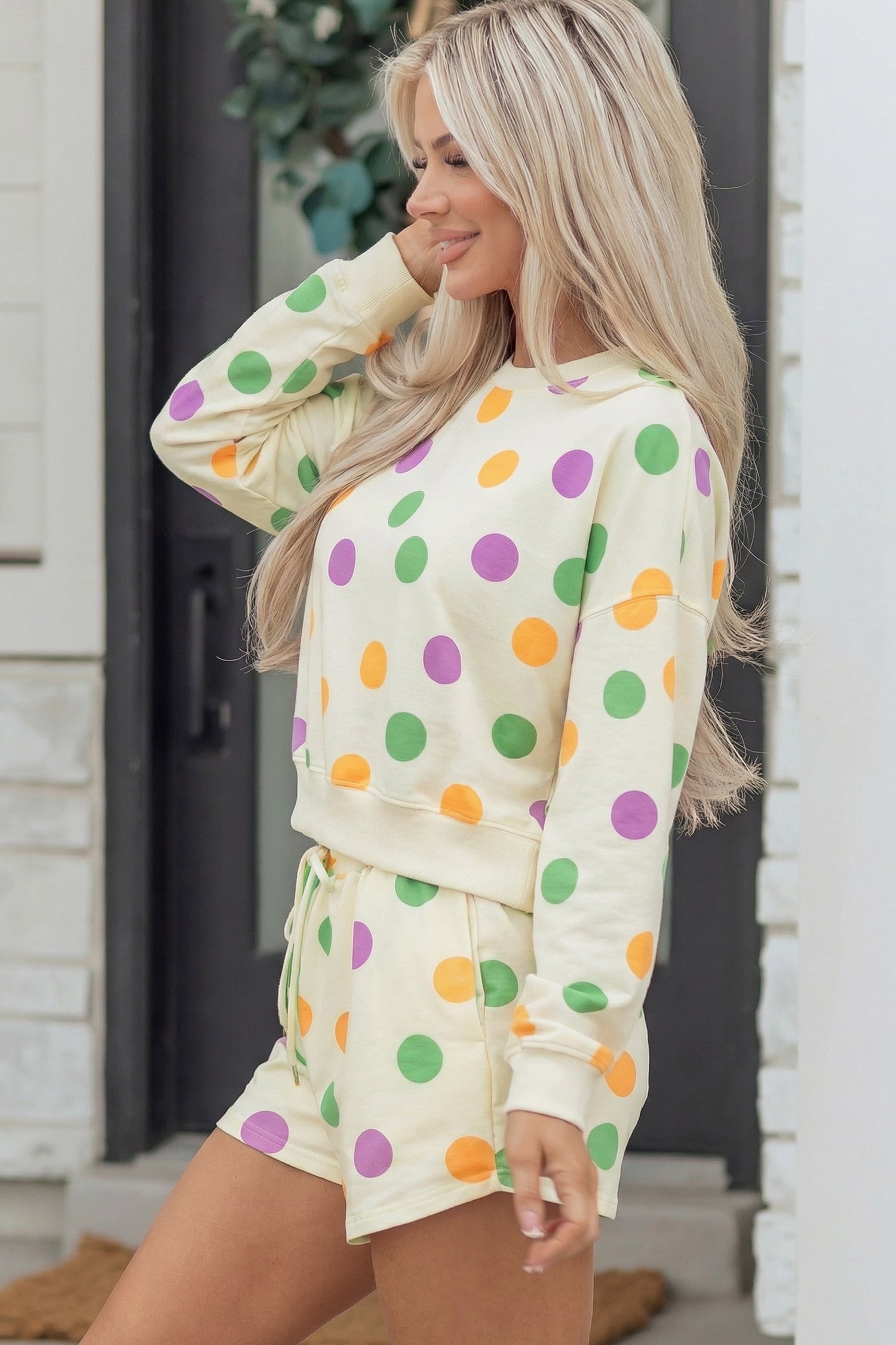 Pink Polka Dot Print Drop Shoulder Pullover Drawstring Shorts Set