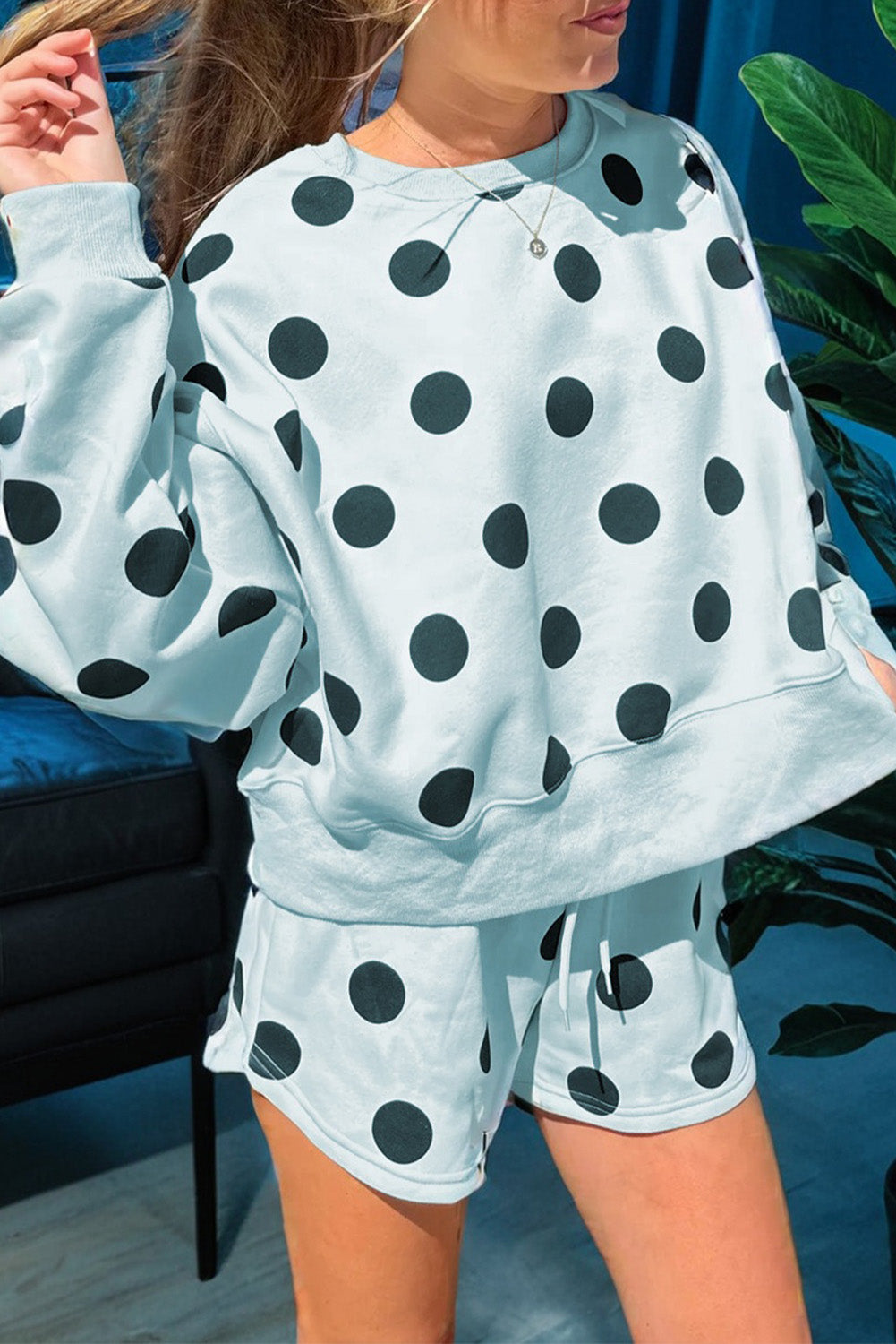 Pink Polka Dot Print Drop Shoulder Pullover Drawstring Shorts Set