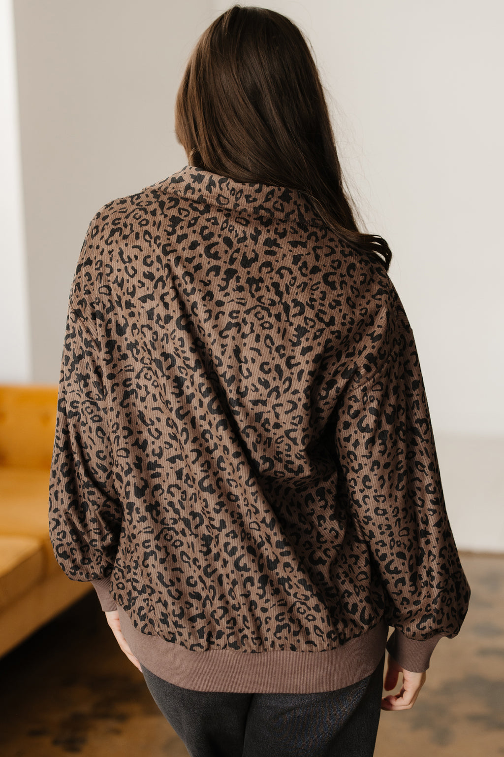 Beige Leopard Print Quarter Zip Corduroy Sweatshirt