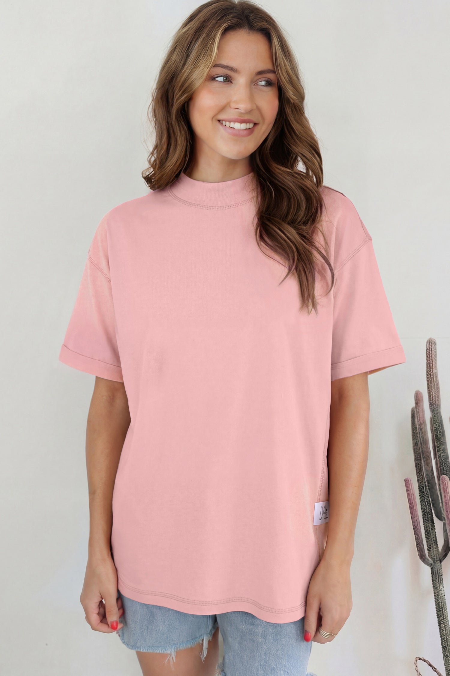 Sachet Pink Solid Color High Neck Oversize Tee