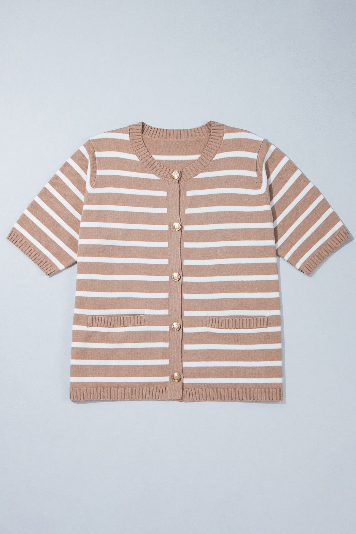 Khaki Stripe Button Down Short Sleeve Knit Plus Size Cardigan
