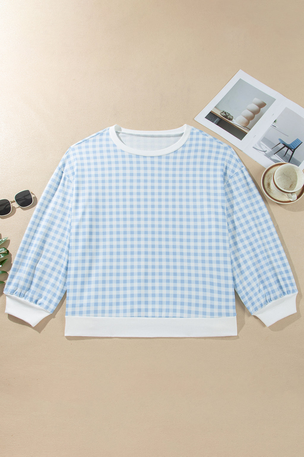 Light Blue Casual Plus Size Plaid Sweatshirt