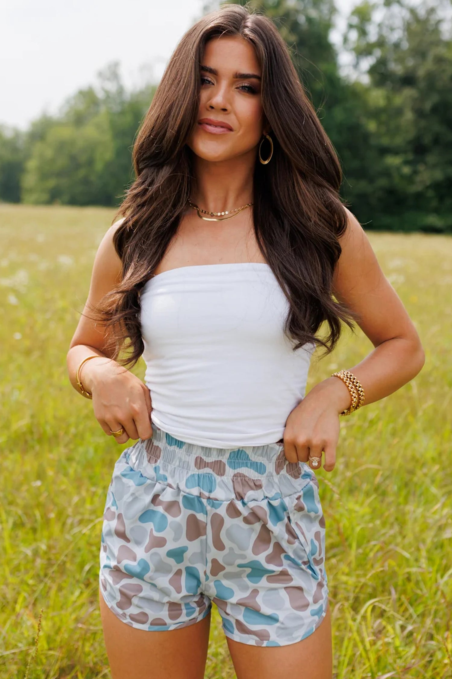 Green Camouflage Print Shirred High Waist Athleisure Shorts