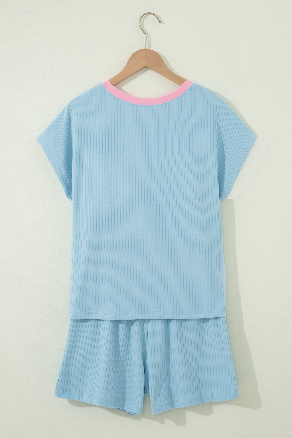 Sachet Pink Soft Ribbed Color Block Trim Casual Short Set