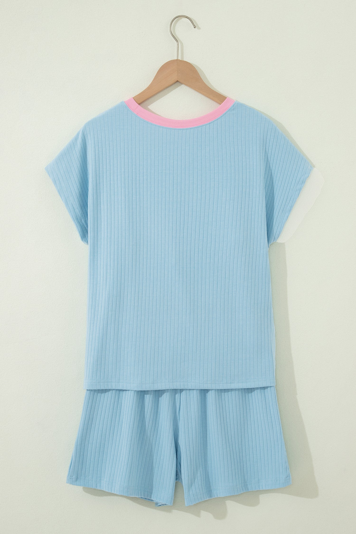 Sachet Pink Soft Ribbed Color Block Trim Casual Short Set