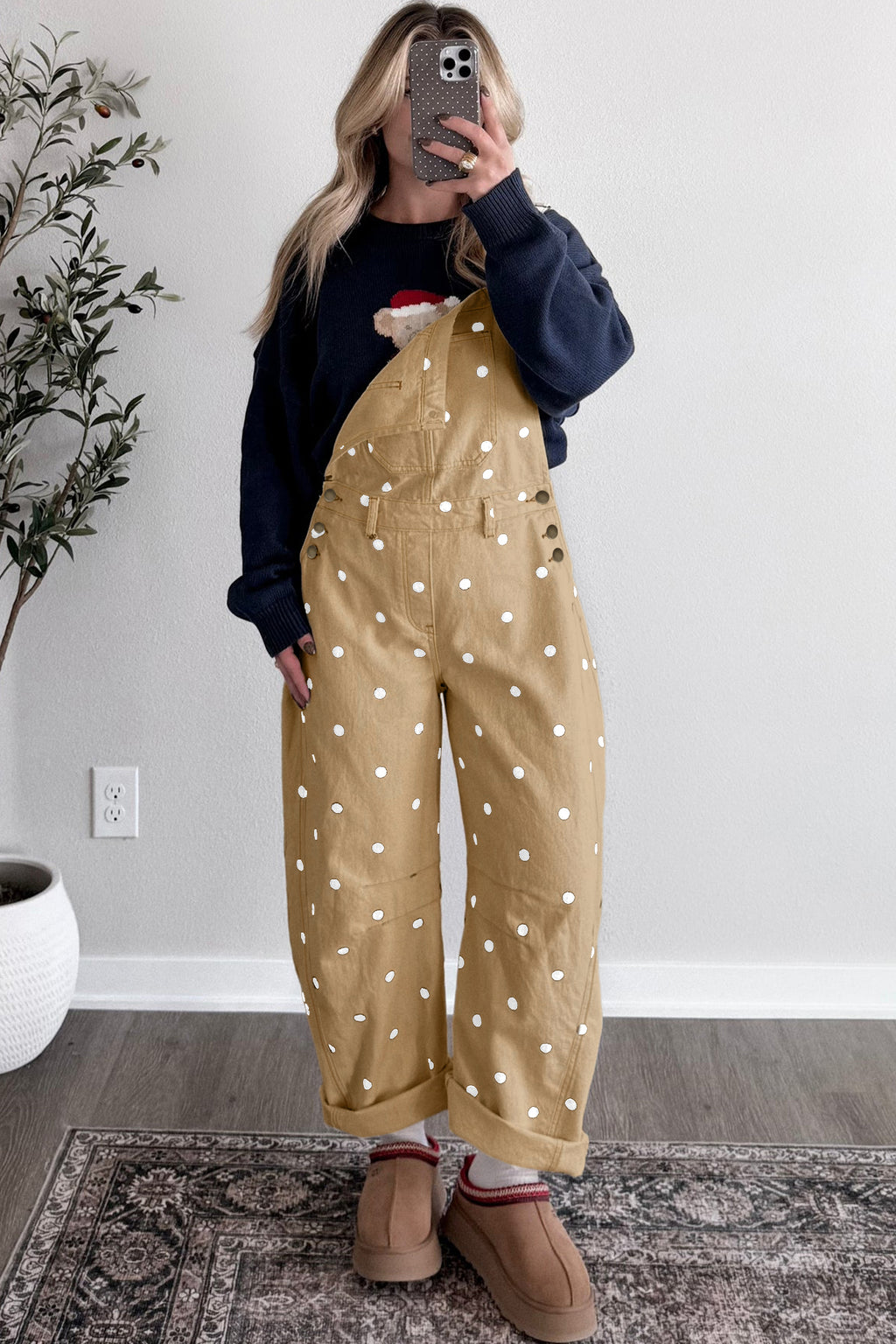 Phalaenopsis Polka Dot Print Bib Pocket Denim Barrel Overalls Jumpsuit