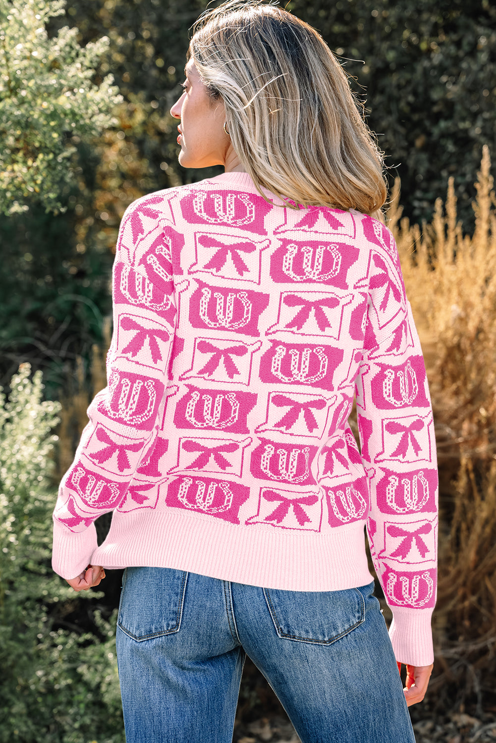 Black Bows & Horseshoes Pattern Western Fashion Print Sweater