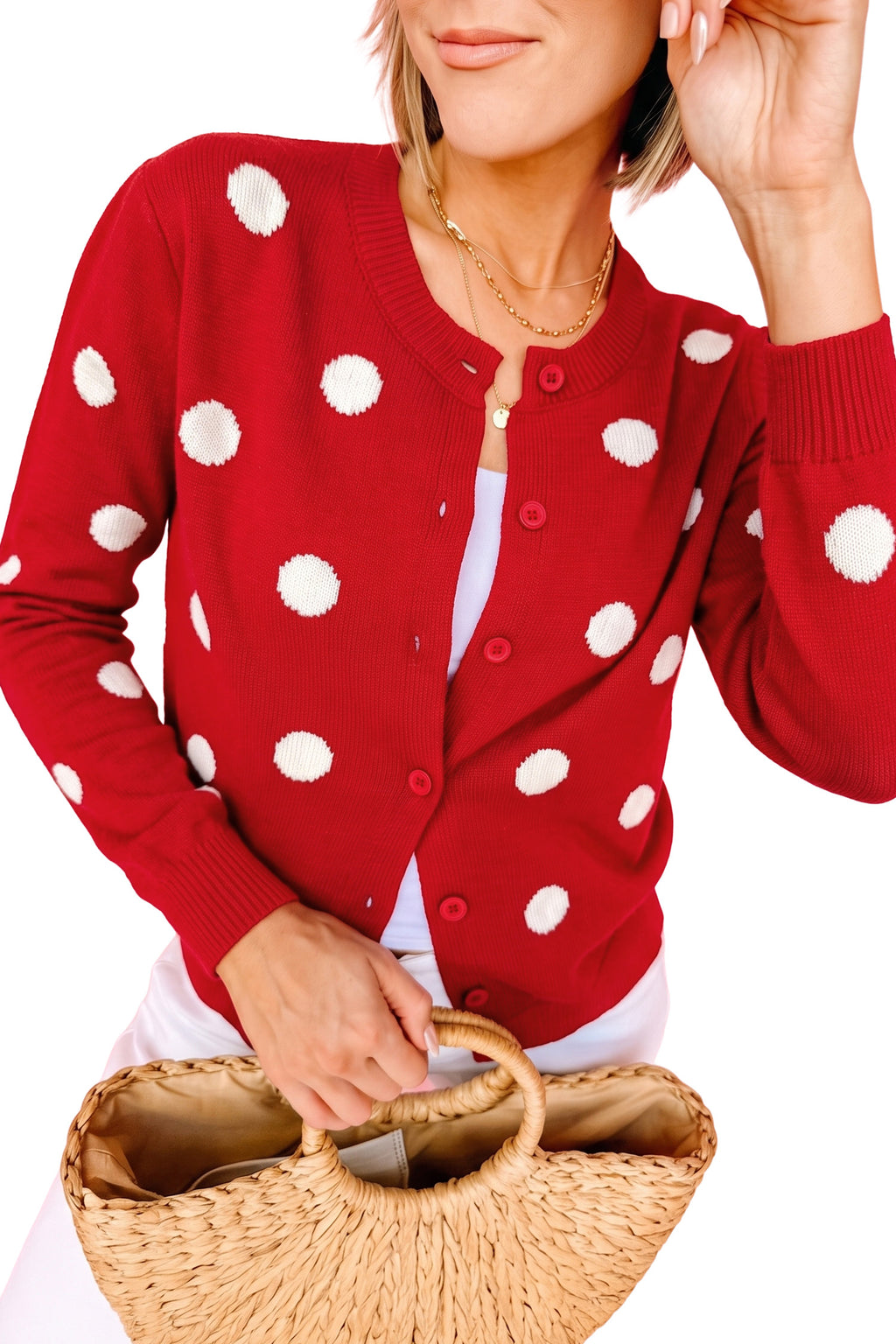 Bluing Casual Polka Dot Button Front Long Sleeve Sweater Cardigan