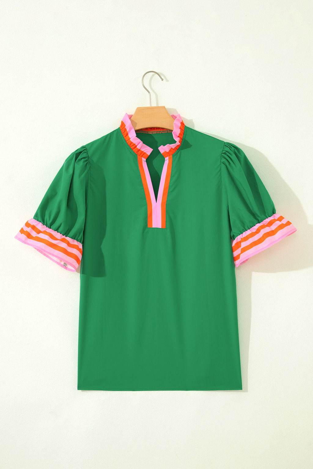 Sky Blue Striped Frilled Collar Ruffled Short Sleeve Blouse