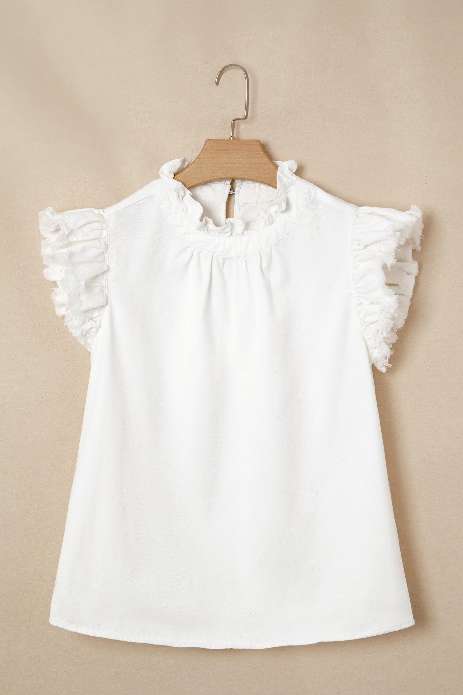 Blue Frilled Collar Flutter Sleeve Denim Top