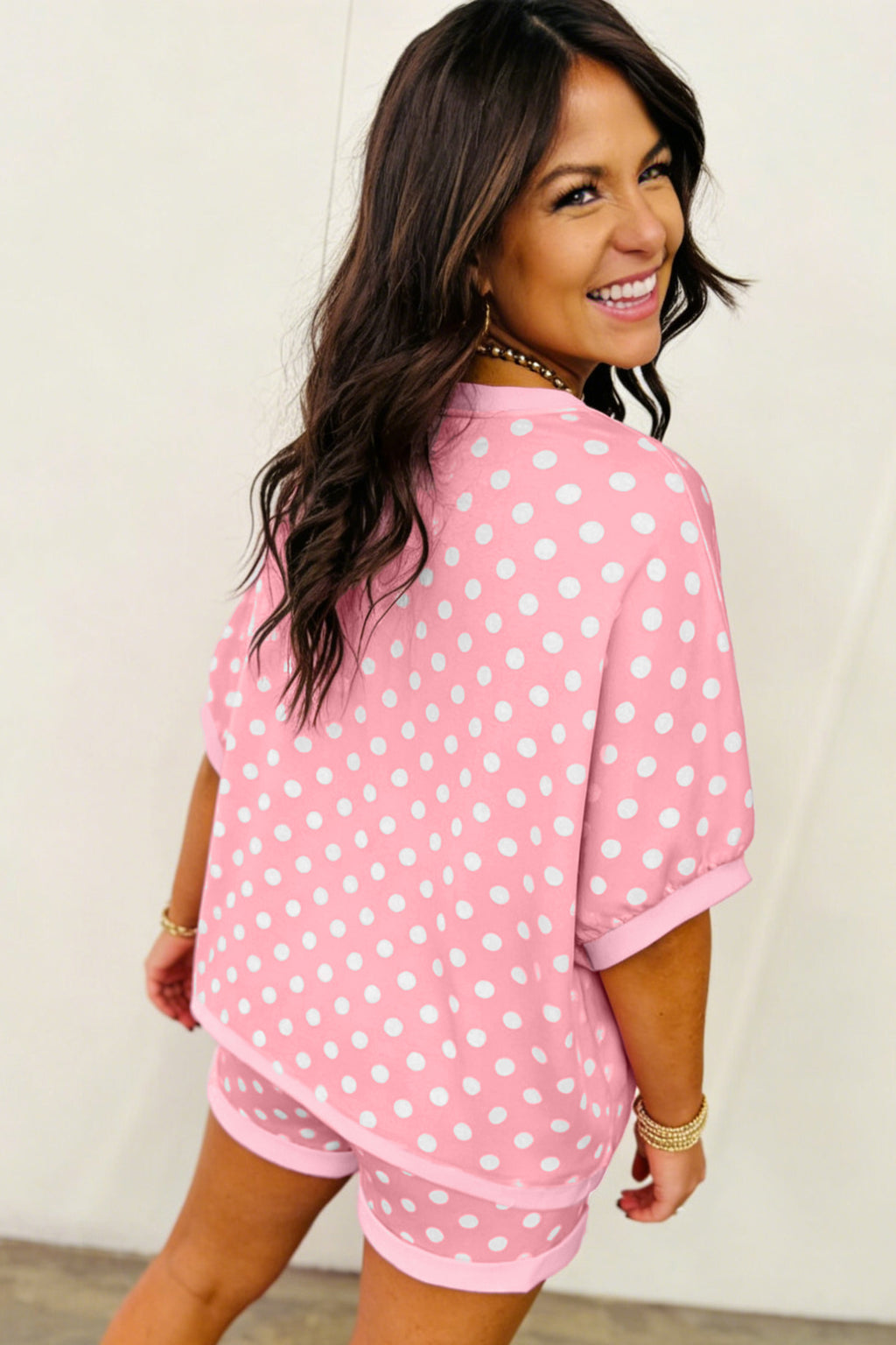 Green Polka Dot Oversized Top Drawstring Short Set
