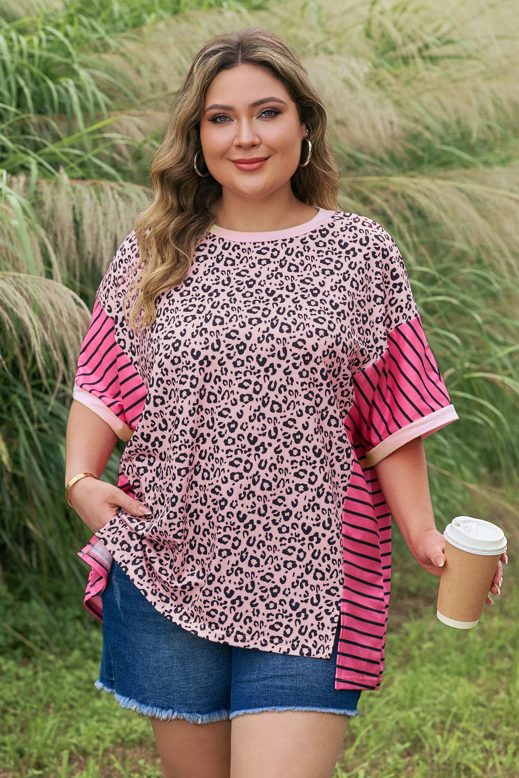 Pink Leopard Striped Contrast Patchwork Plus Size Tee