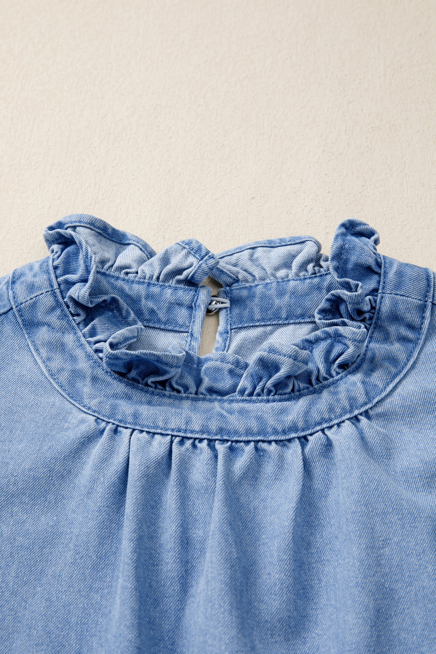 Blue Frilled Collar Flutter Sleeve Denim Top