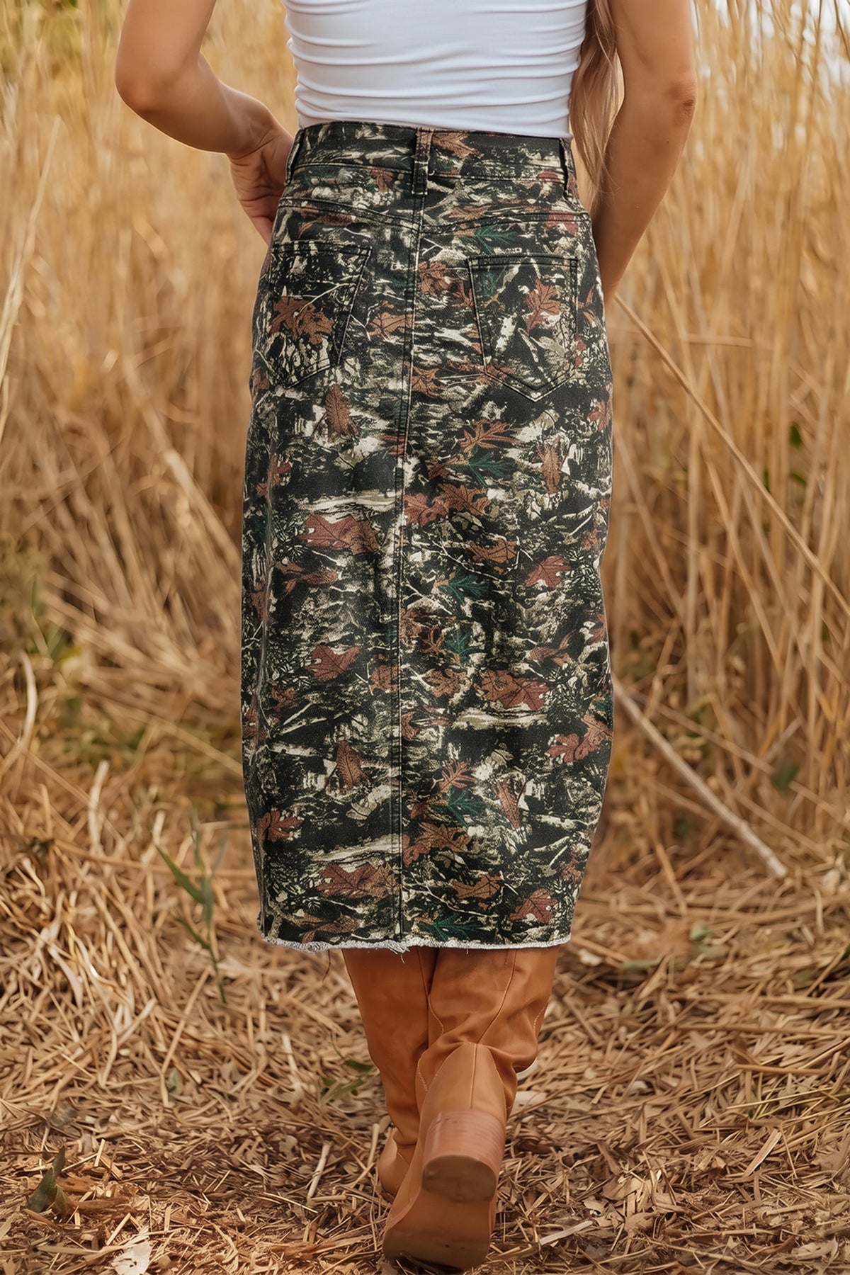 Multicolour Woodland Camouflage Split Raw Hem Midi Western Skirt