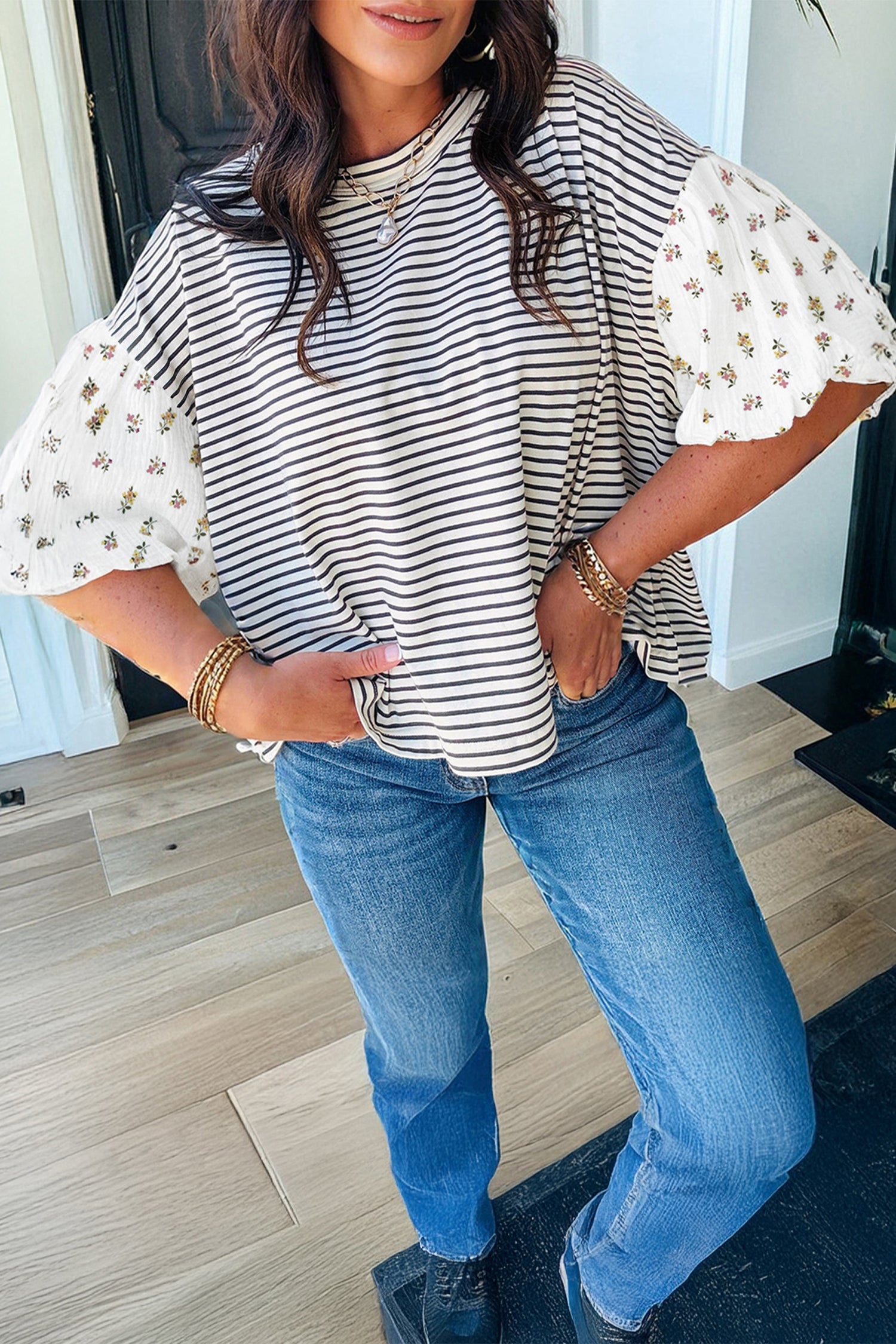 Red Stripe Floral Puff Sleeve Patchwork Round Neck Loose Top