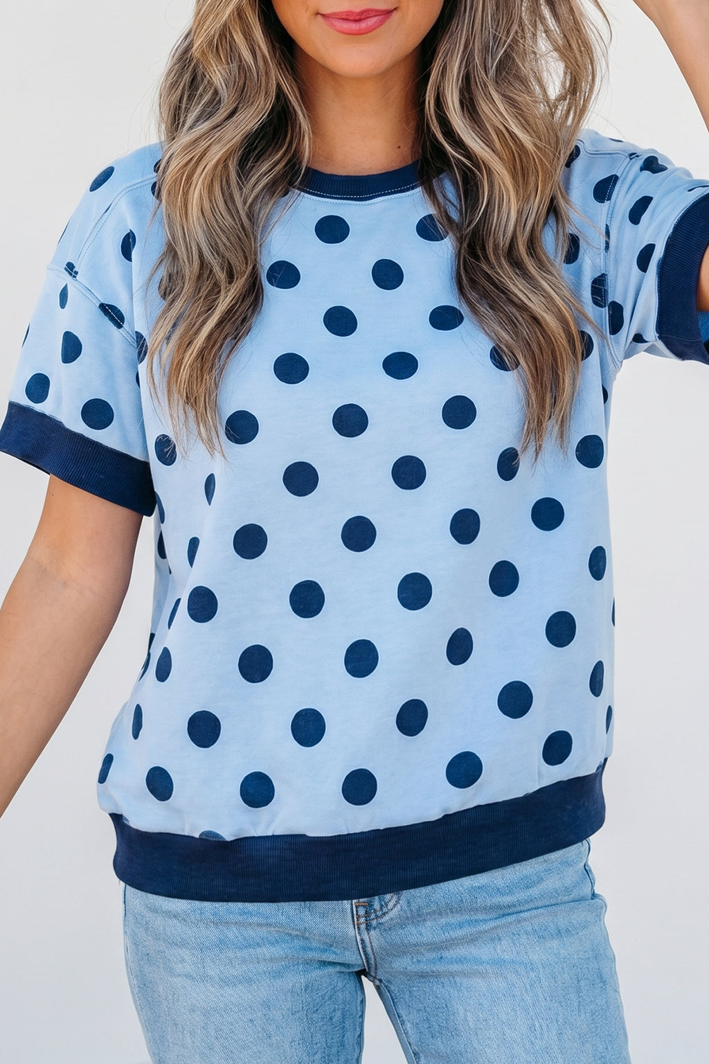 Pink Color Block Trim Polka Dot Casual Tee