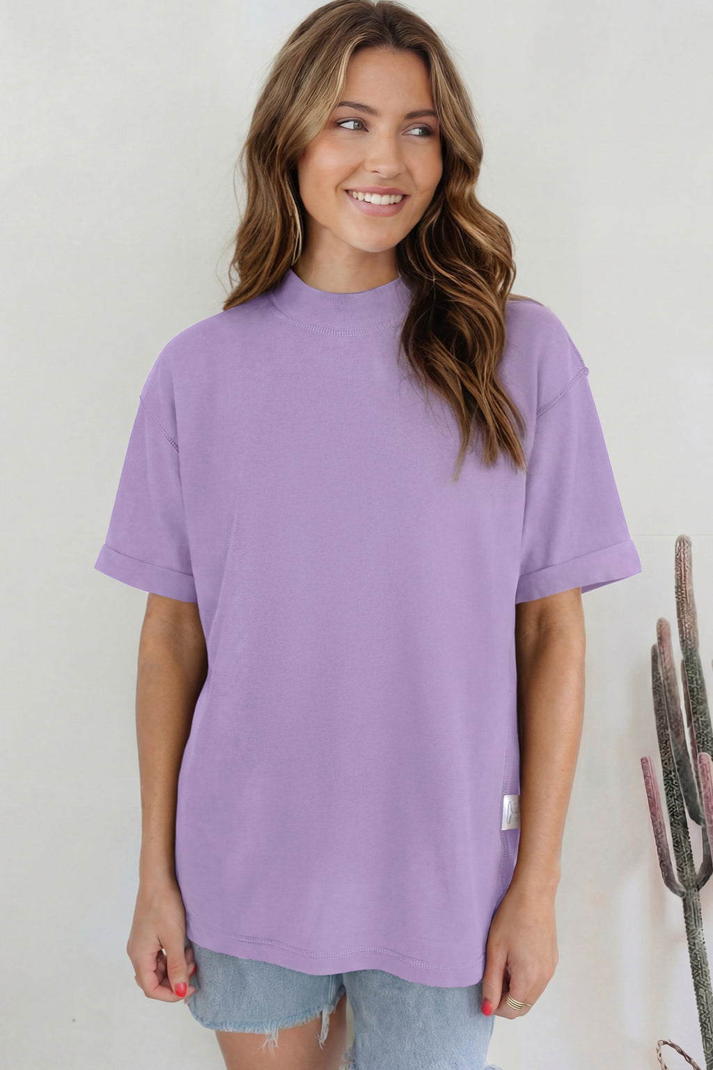 Sachet Pink Solid Color High Neck Oversize Tee