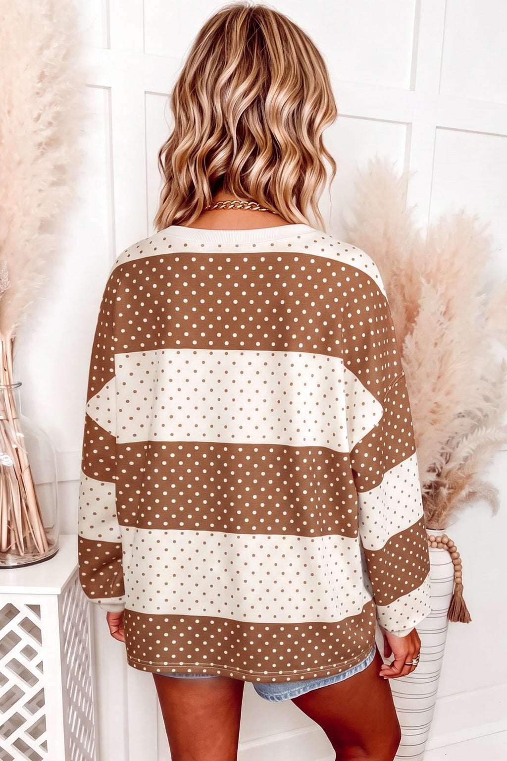 Pink Polka Dot Patchwork Colorblock Long Sleeve Top