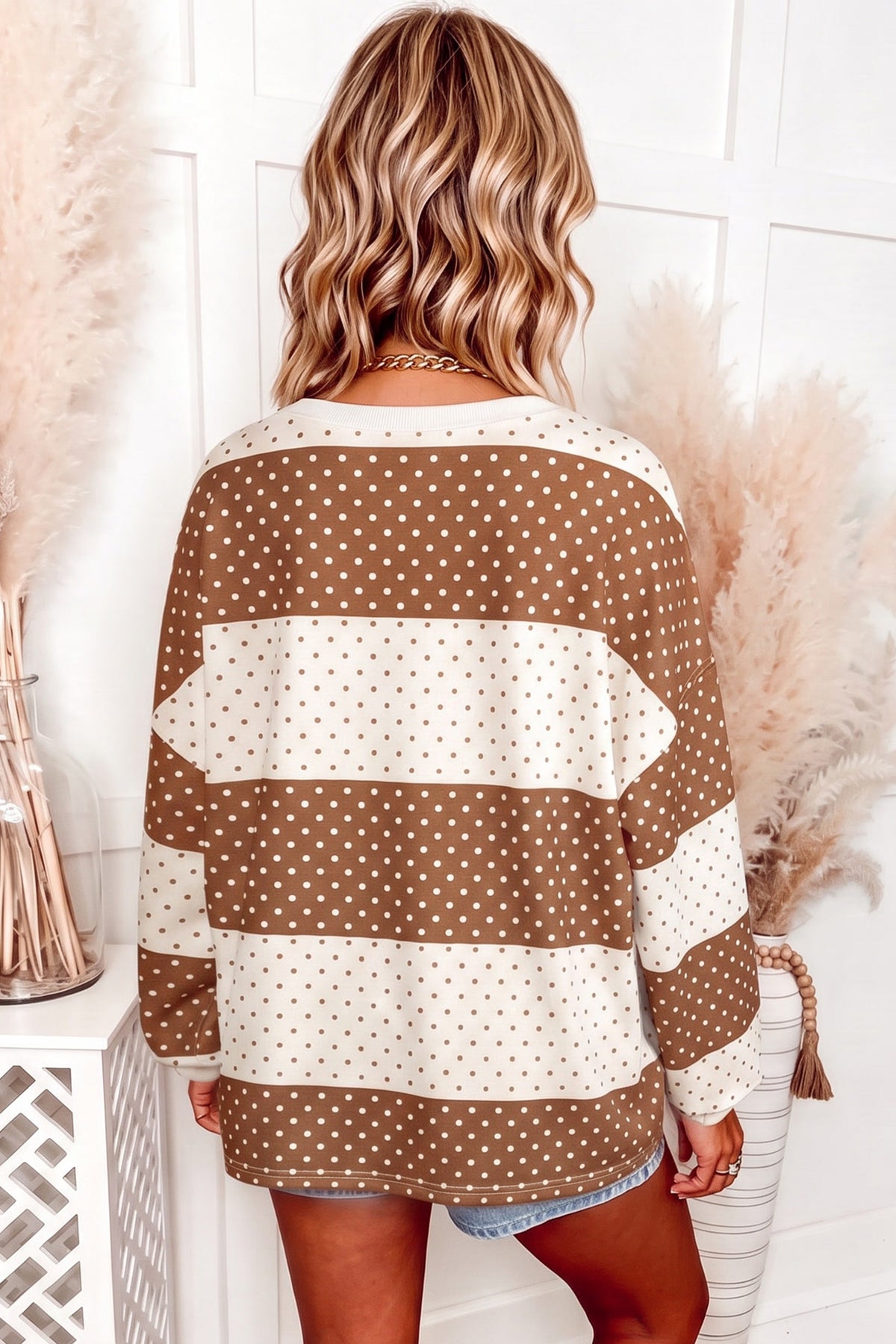 Pink Polka Dot Patchwork Colorblock Long Sleeve Top