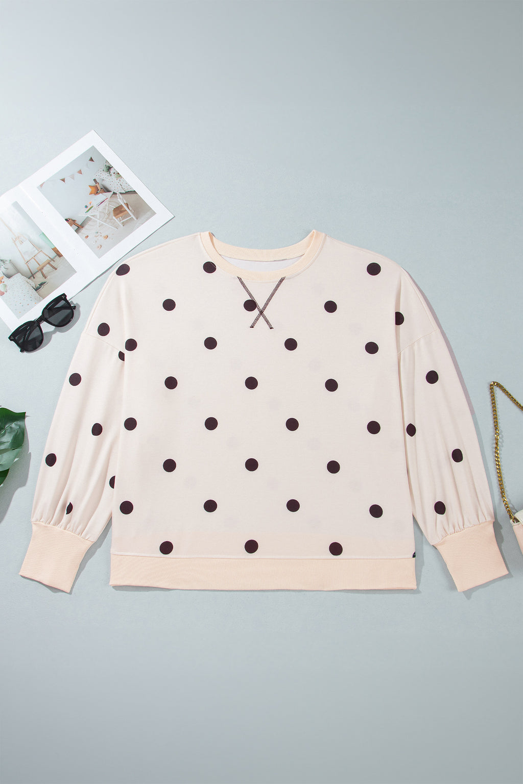 Yellow Round Neck Long Sleeve Polka Dot Plus Size Top