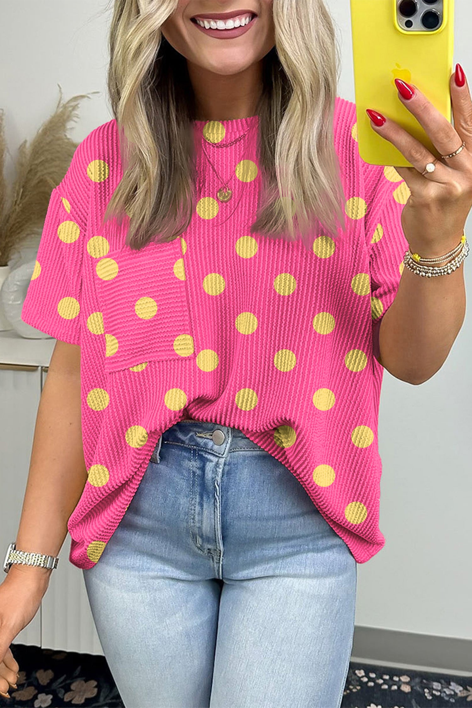 Sky Blue Polka Dot Patch Pocket Twisted Ribbed Top