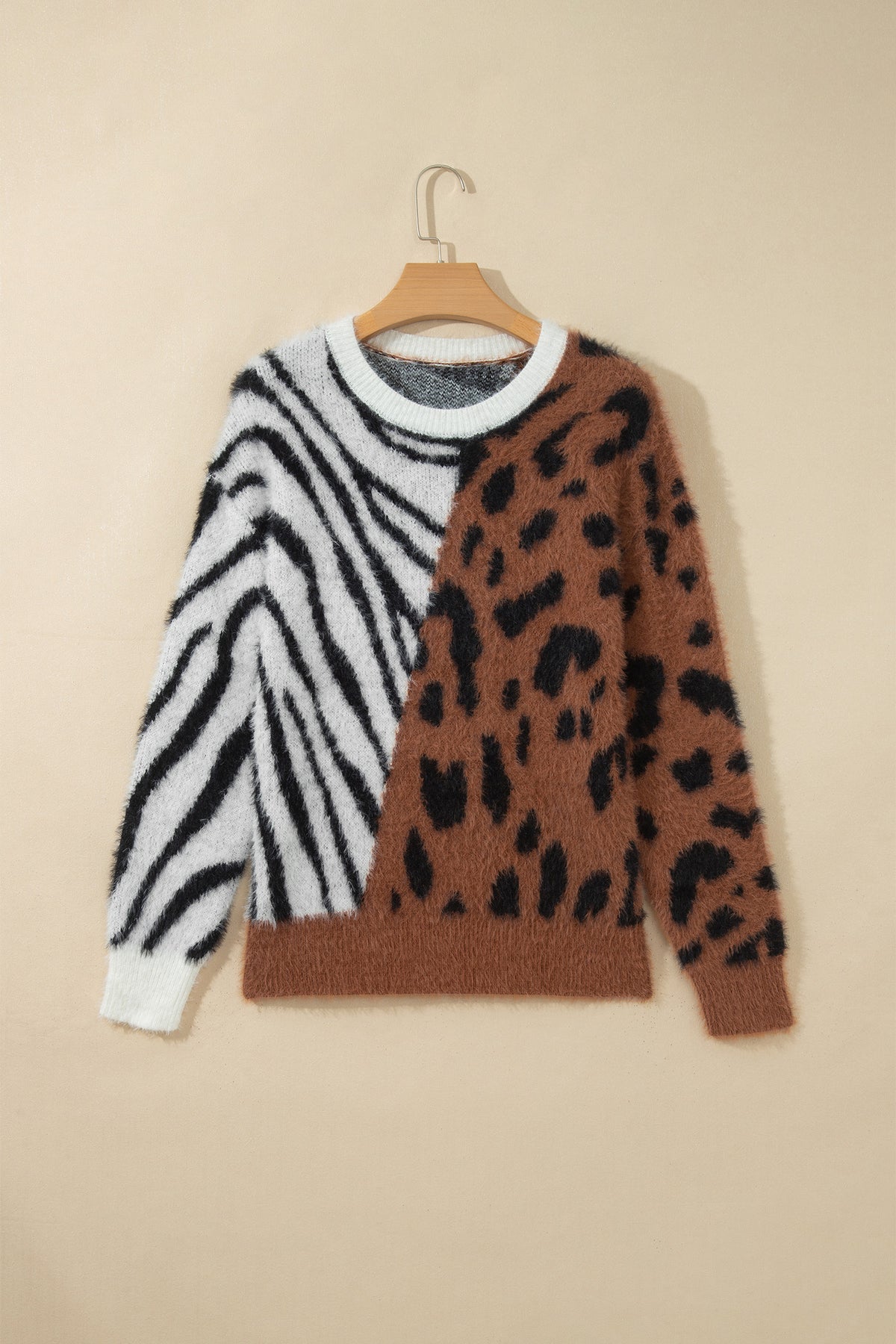 Coffee Western Leopard Zebra Print Long Sleeve Round Neck Sweater
