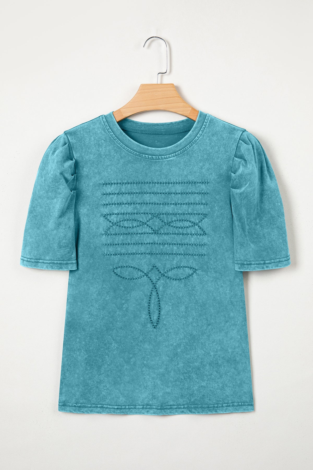 Turquoise Mineral Wash Western Embroidered Detail Short Puff Sleeve Cotton Tee