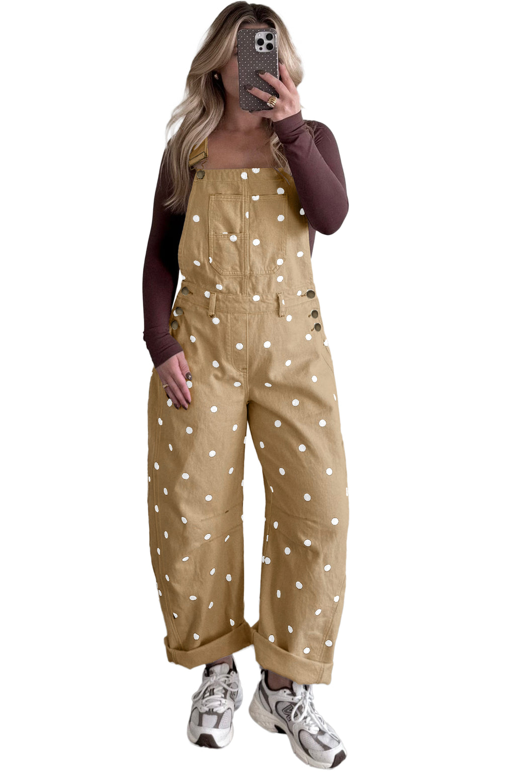 Phalaenopsis Polka Dot Print Bib Pocket Denim Barrel Overalls Jumpsuit