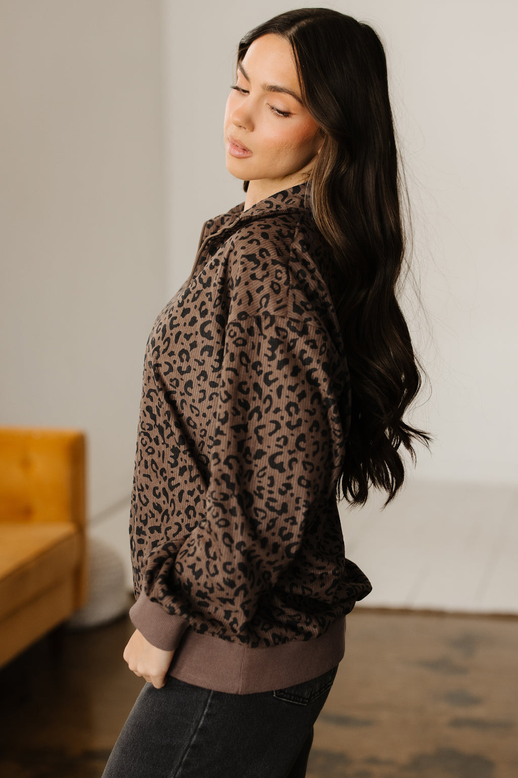 Beige Leopard Print Quarter Zip Corduroy Sweatshirt