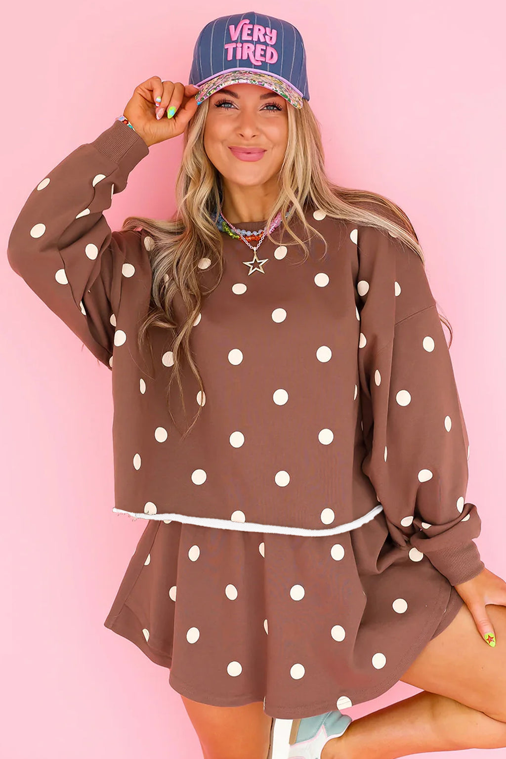 Red Polka Dot Raw Hem Relaxed Pullover Loose Skort Two Piece Set