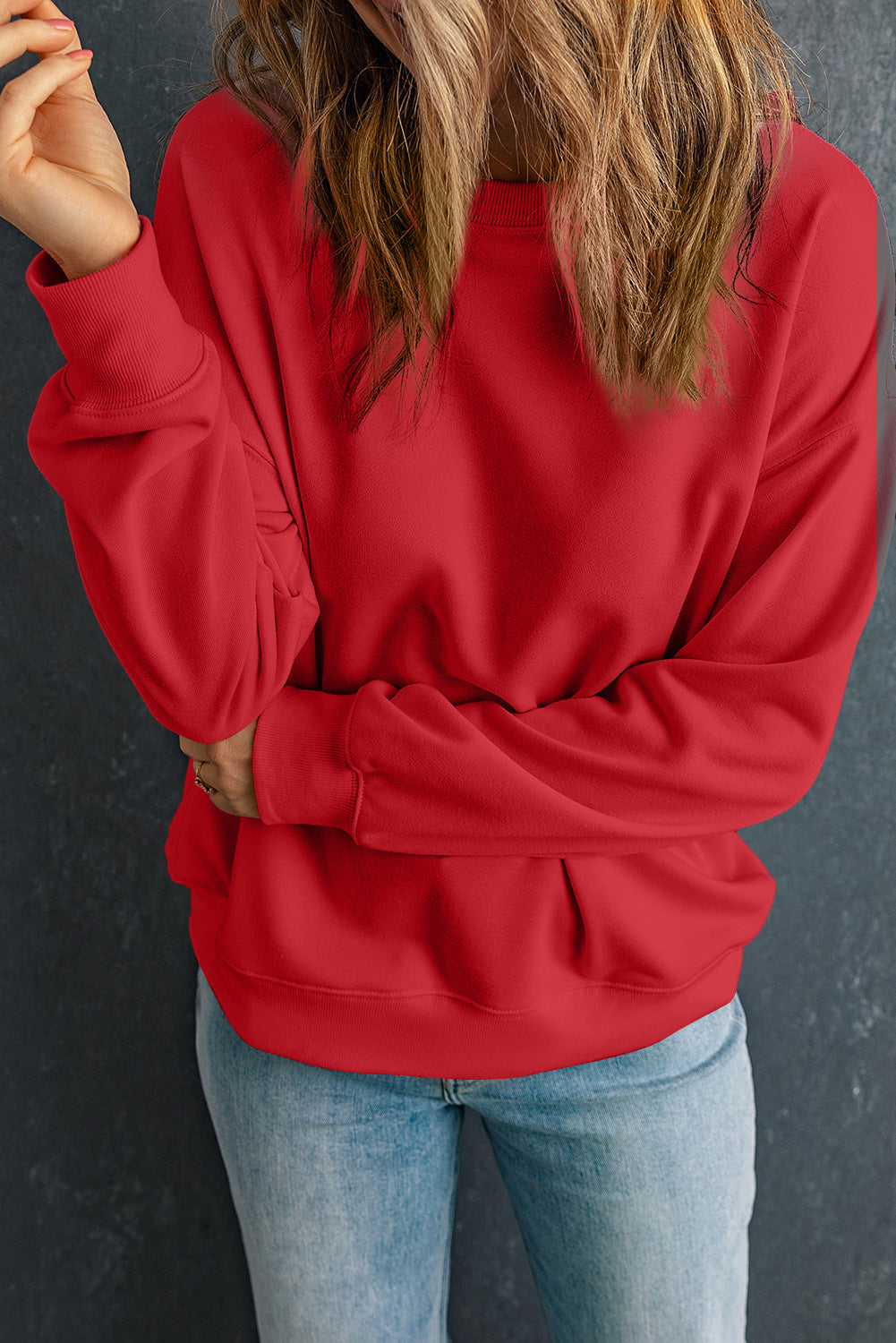 Rose Red Solid Classic Crewneck Pullover Sweatshirt