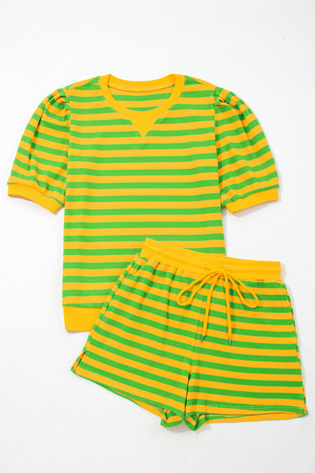 Red Stripe Puff Short Sleeve T Shirt Matching Shorts Set