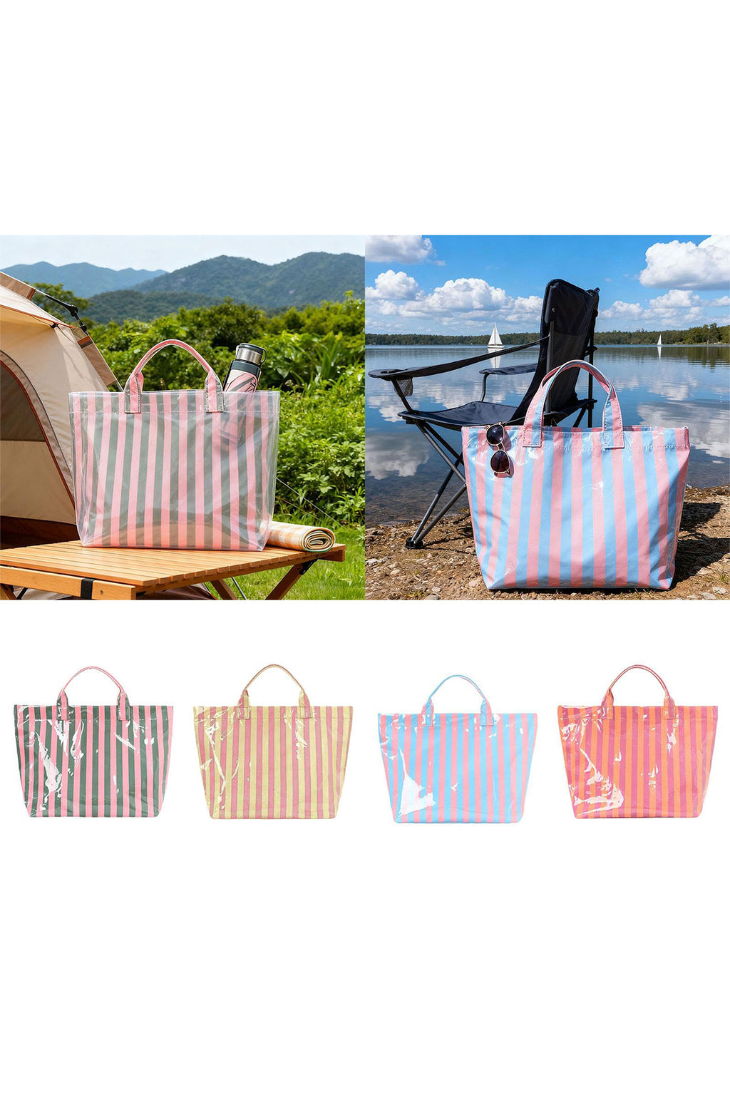 Light Blue Glossy Striped Vinyl Large Tote Bag (Color Varied)