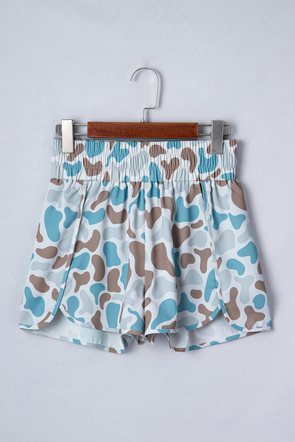 Green Camouflage Print Shirred High Waist Athleisure Shorts