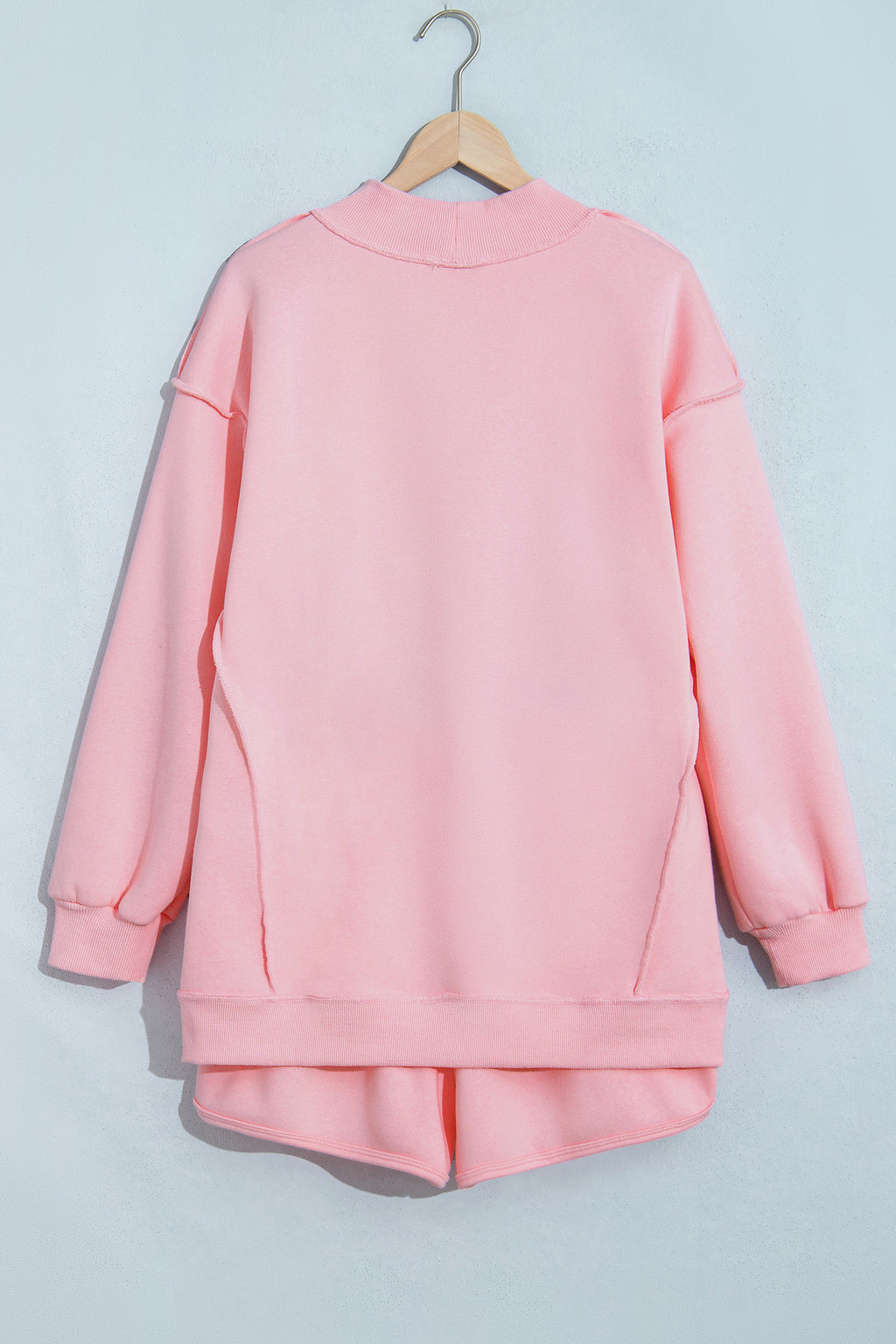 Light Pink High Neck Exposed Seam Drop Shoulder Baggy Pullover Short Set