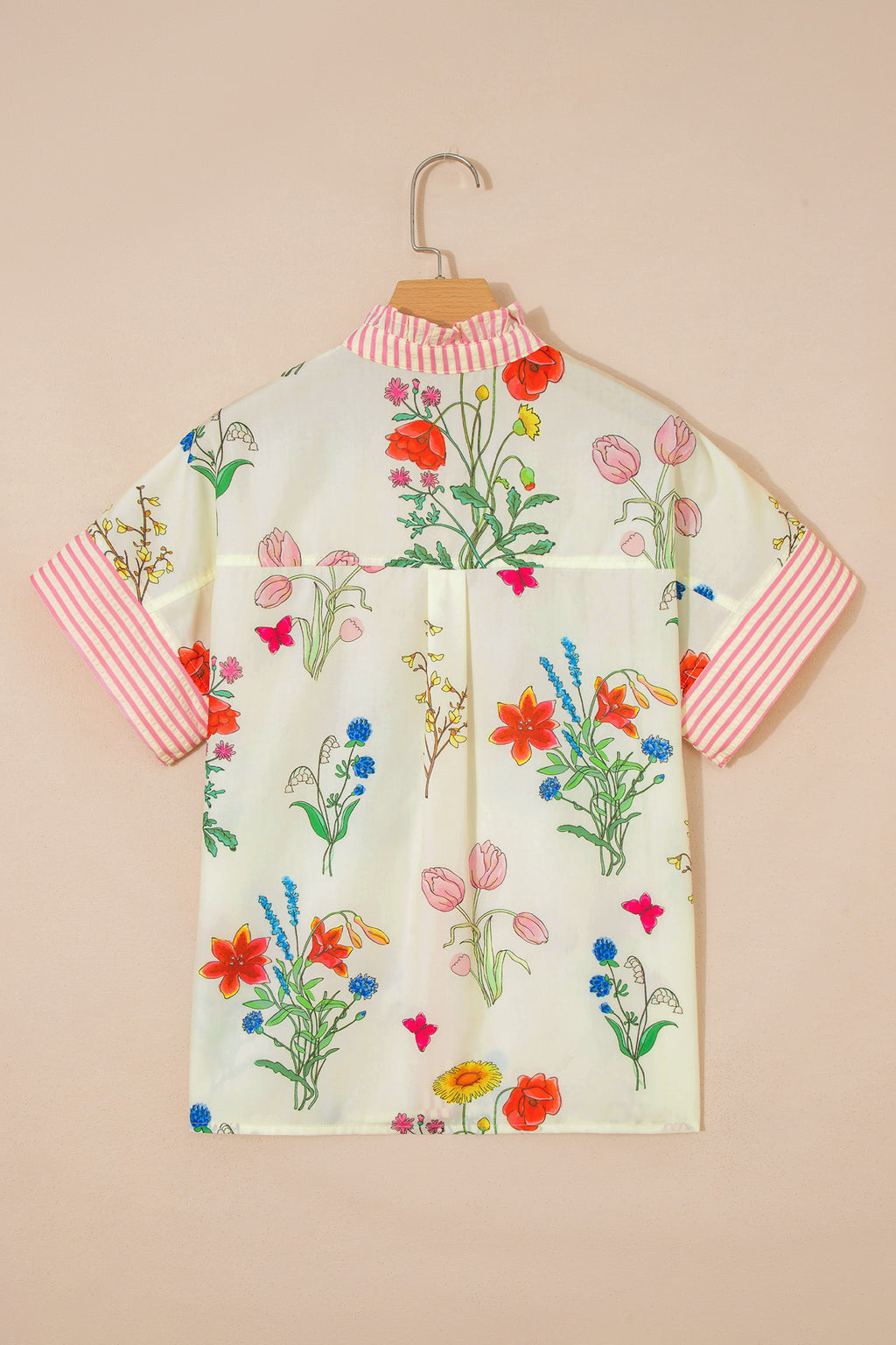 Sky Blue Floral Striped Patchwork Ruffled Collar Short Sleeve Shirt