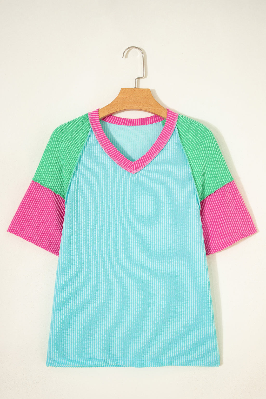 Rose Red Color Block Twisted Ribbed Tee