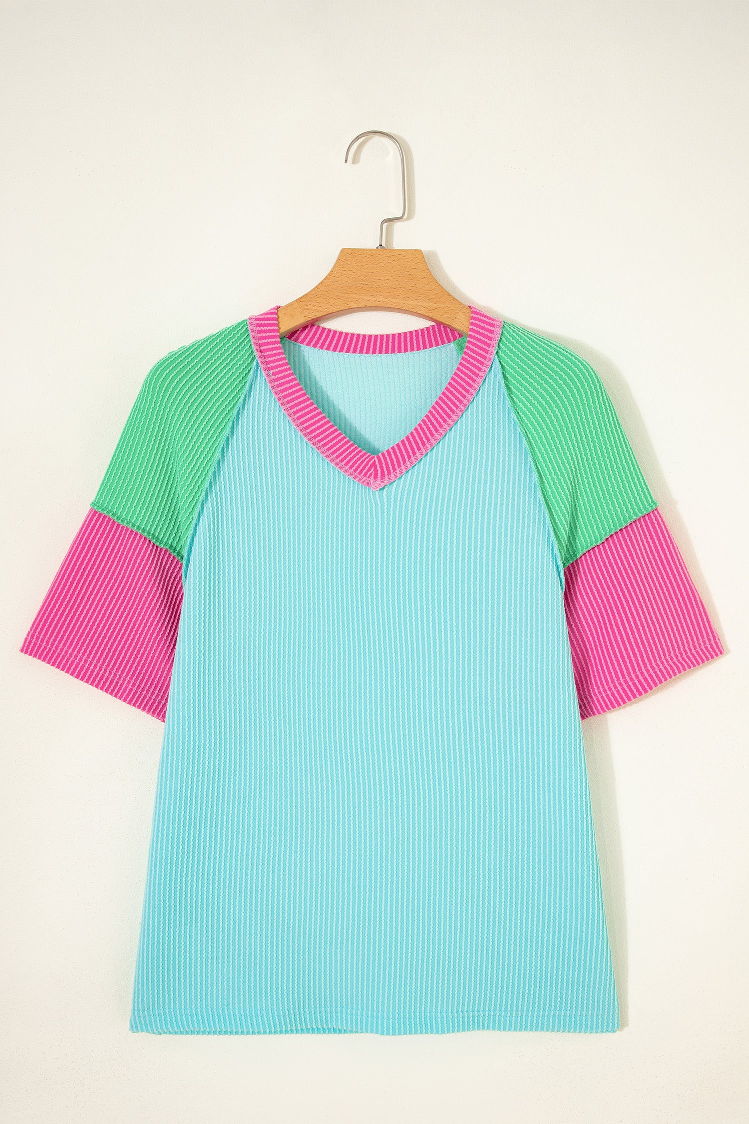 Rose Red Color Block Twisted Ribbed Tee