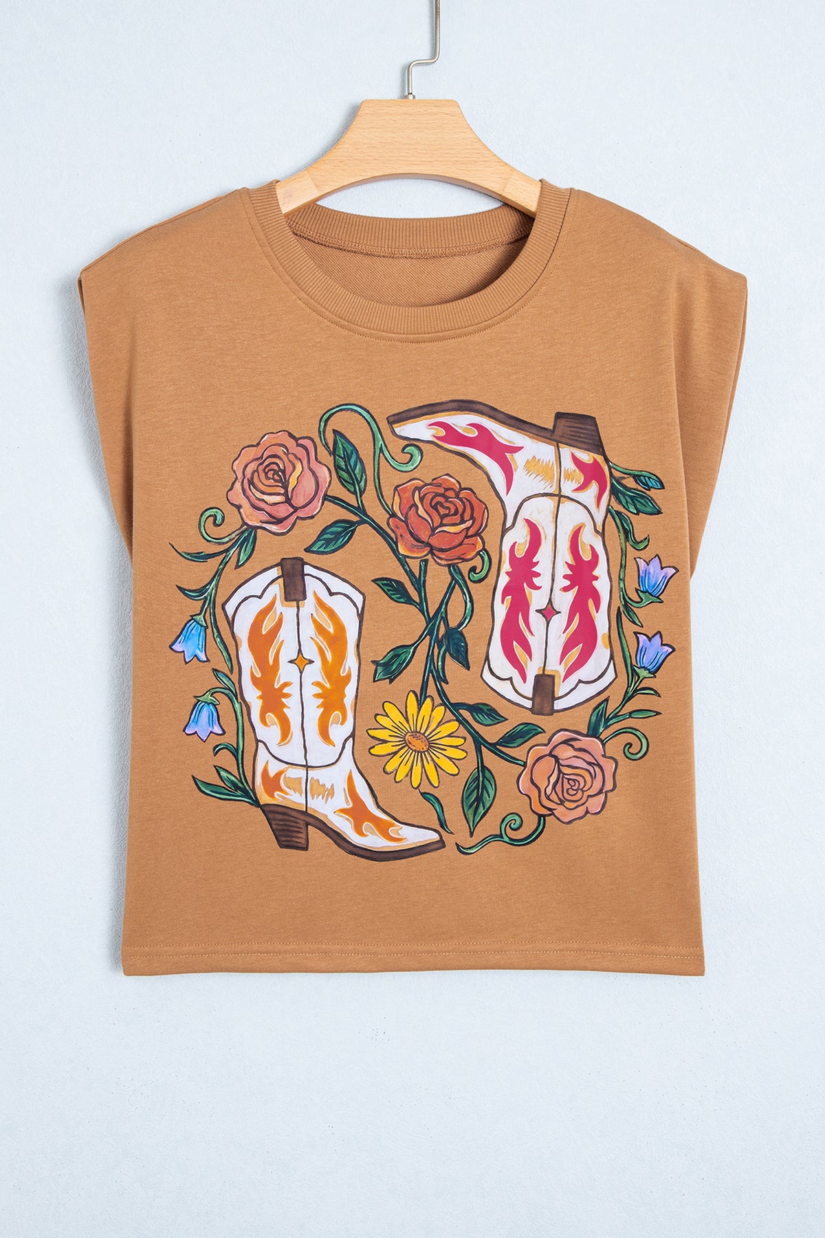 Camel Western Boots Flower Printed Sleeveless Loose Tank Top
