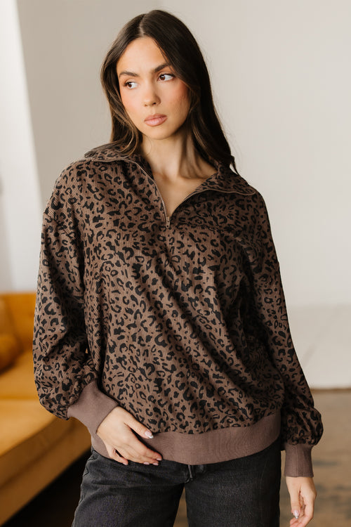 Beige Leopard Print Quarter Zip Corduroy Sweatshirt