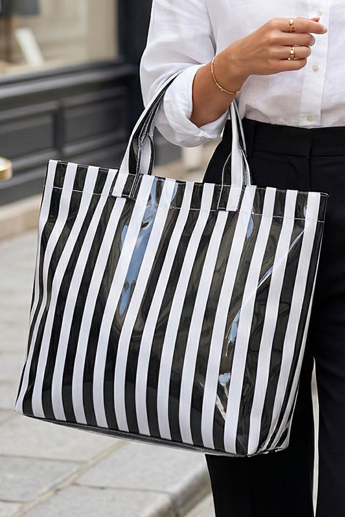 Light Blue Glossy Striped Vinyl Large Tote Bag (Color Varied)