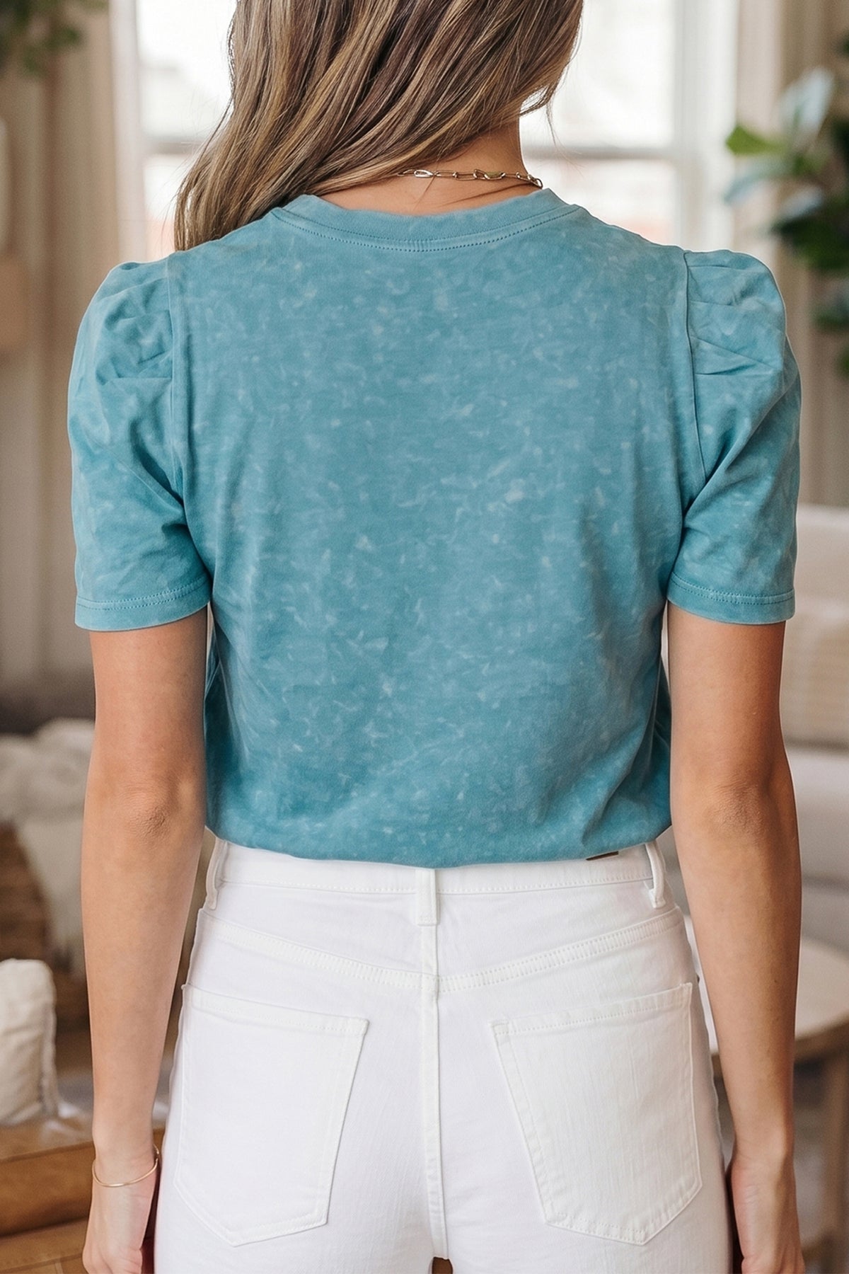 Turquoise Mineral Wash Western Embroidered Detail Short Puff Sleeve Cotton Tee