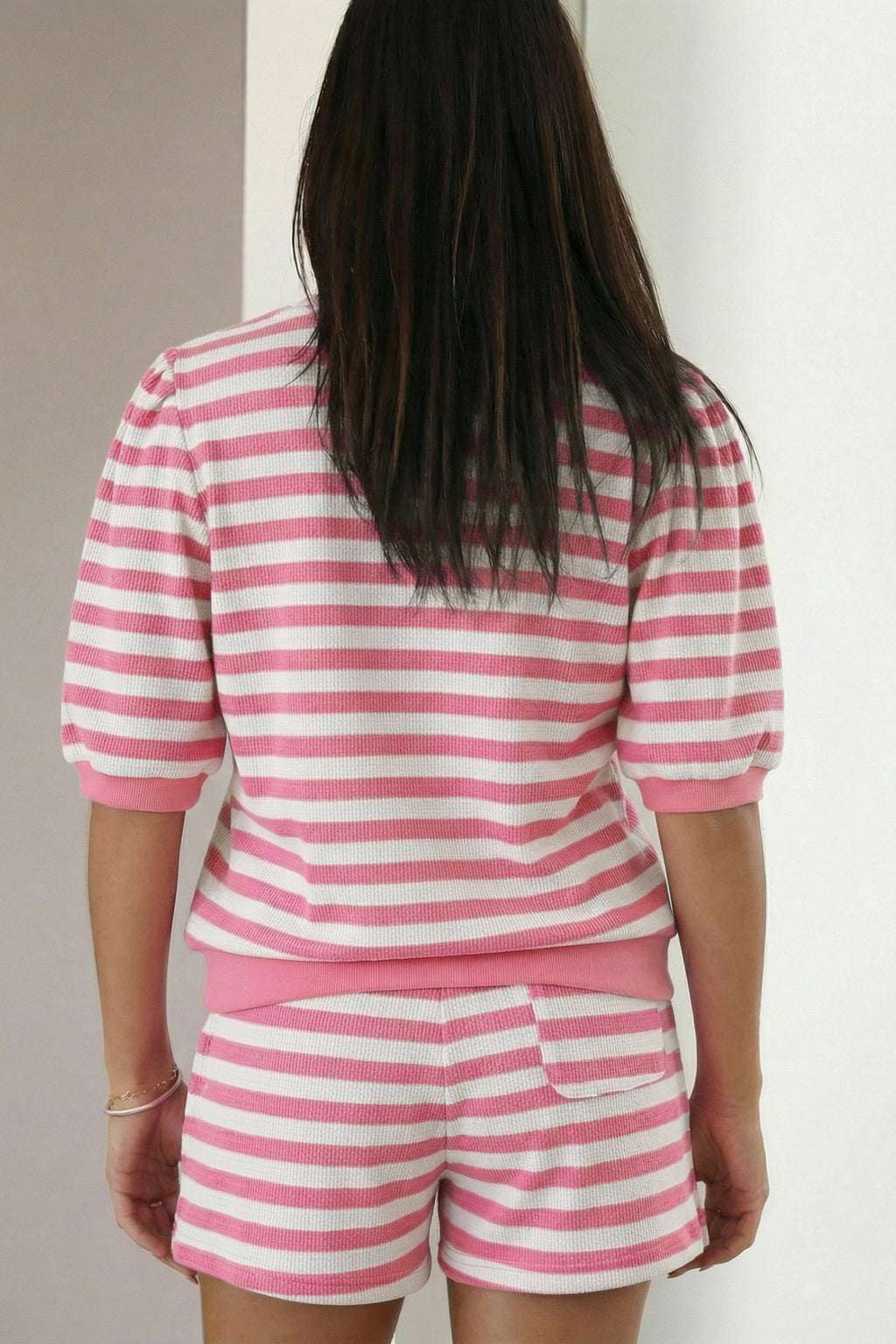 Red Stripe Puff Short Sleeve T Shirt Matching Shorts Set
