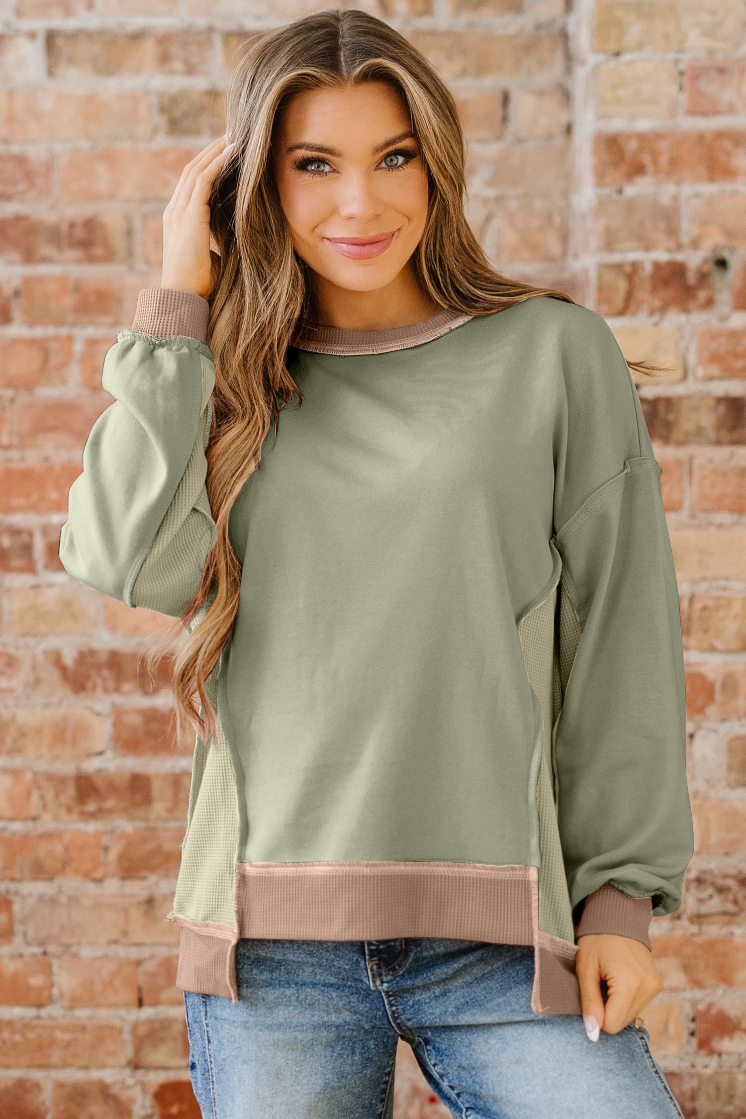 Wild Wind Color Block Mix Texture Waffle Patchwork Oversize Sweatshirt