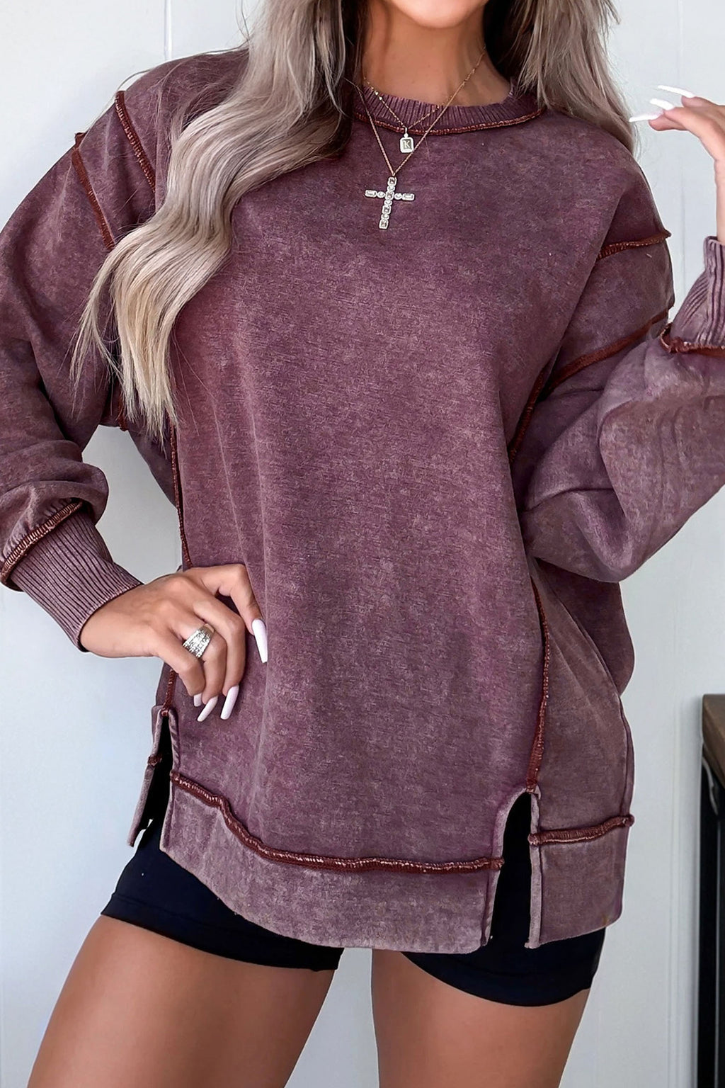 Rose Red Mineral Wash Exposed Seam Side Slit Sweatshirt