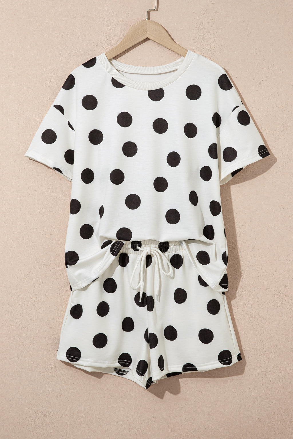Sky Blue Polka Dot Print Loose Tee Drawstring Elastic Waist Short Set