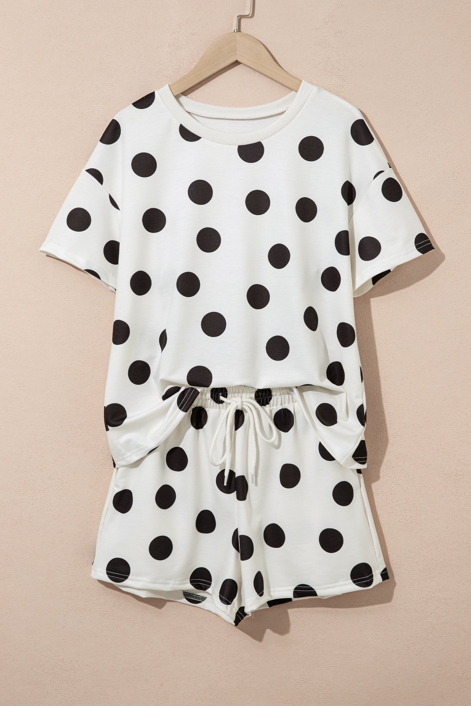 Sky Blue Polka Dot Print Loose Tee Drawstring Elastic Waist Short Set