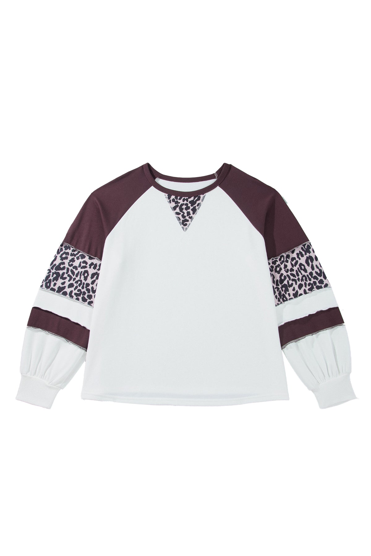 Beige Leopard Print Colorblock Round Neck Long Sleeve Plus Size Blouse