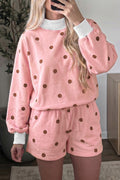 Pink Polka Dot Ribbed Trim Long Sleeve Top Casual Short Set